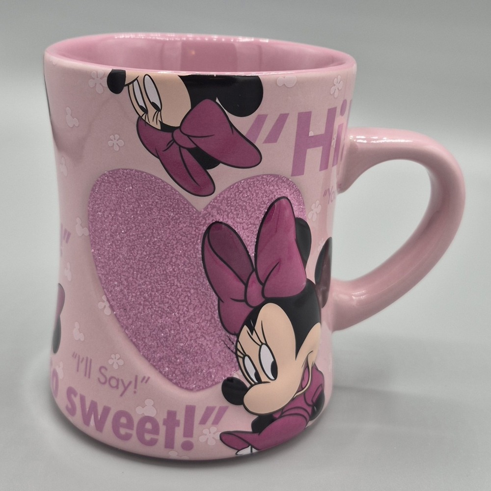 Minnie Mouse Glitter Textured Pink Hearts Coffee Cup Mug 16oz Disney Parks
